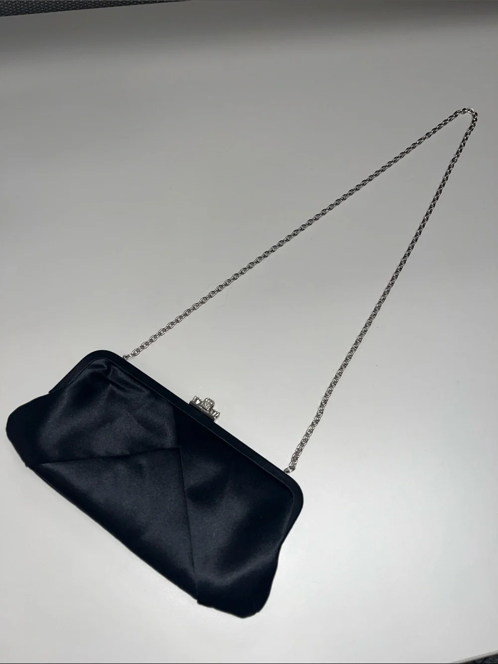Saks Fifth Avenue Black Satin Jeweled Clasp Evening Clutch / Crossbody